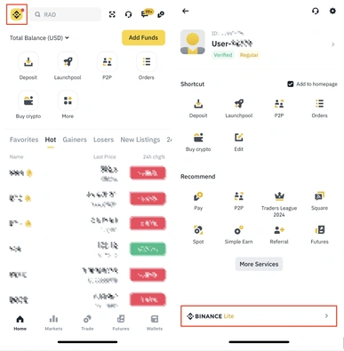 币安App账户图标与底部Lite模式切换项