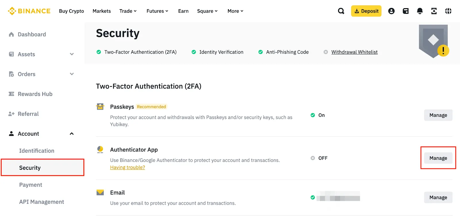 Binance 账户安全页面中的通行密钥与验证器管理示意