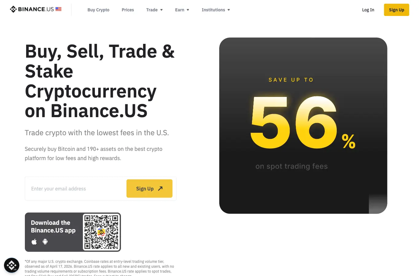 Binance.US 独立地区平台首页与全球站区别示意图