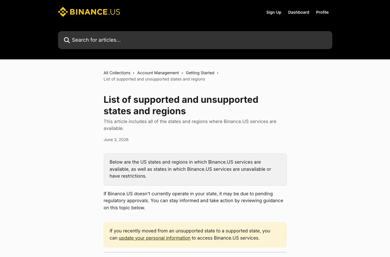 Binance.US 支持州和地区说明页面示意图