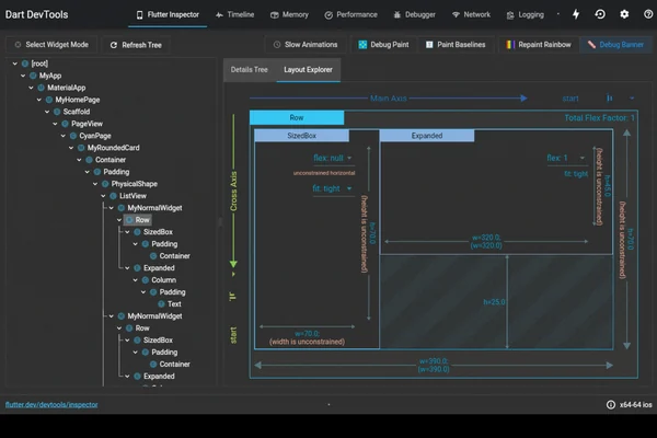 Flutter DevTools 中的 Flutter Inspector 界面