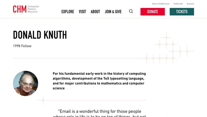 计算机历史博物馆 Donald Knuth 人物页面真实截图,适合查人物背景与相关历史资料。