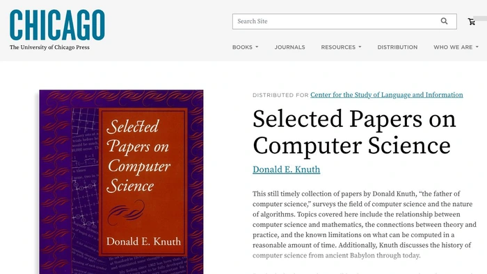芝加哥大学出版社的 Selected Papers on Computer Science 页面真实截图,列有书名、作者和发行信息。